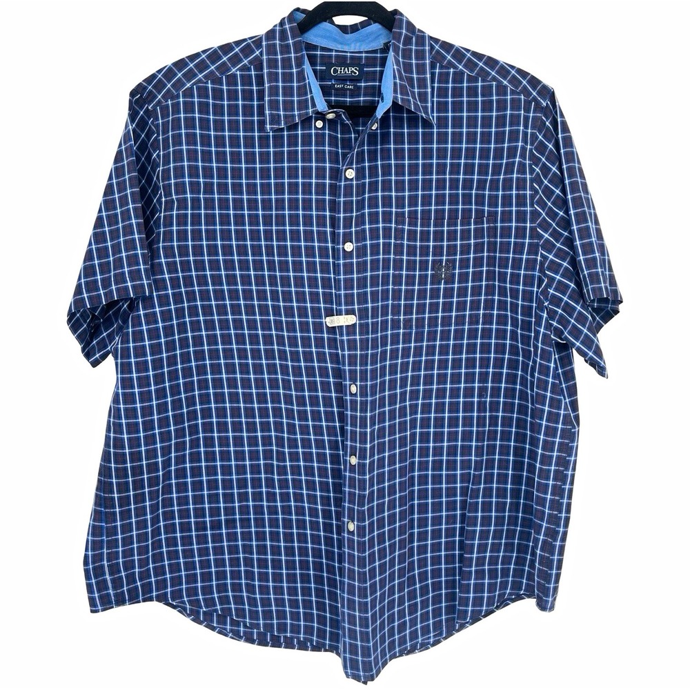 Chaps Men's Big & Tall Big 2X Blue Plaid Short Sleeve Button-Up Easy Care
